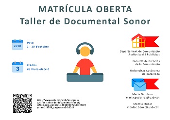 Matrícula oberta pel Curs d’Especialització “Taller de Documental Sonor”