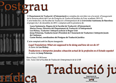 Inauguraci� del Curs de Postgrau de Traducci� Jur�dica de l'any 2011-2012