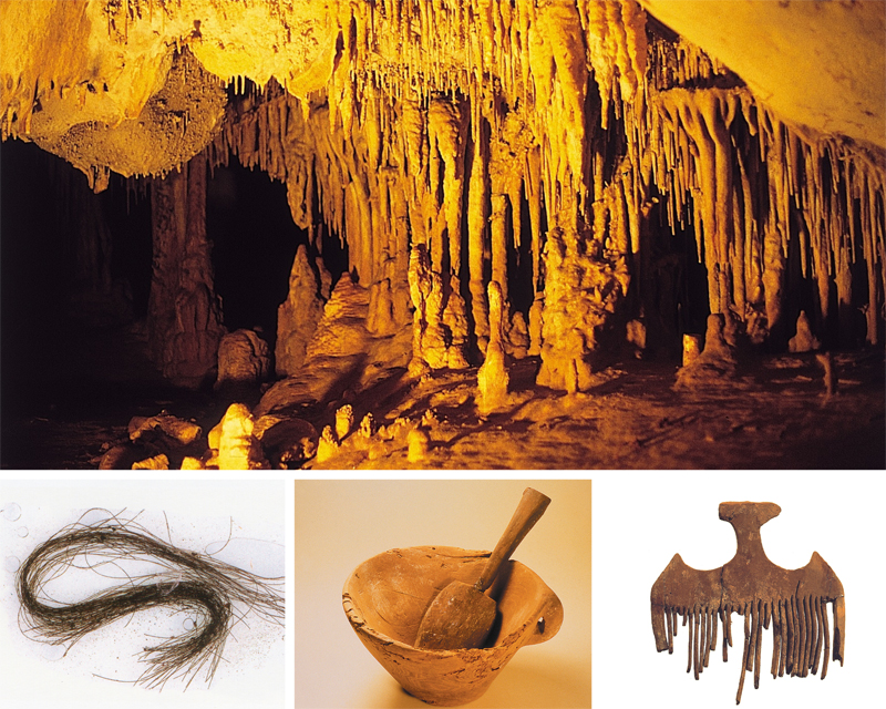 collage. Cova des Càtrix, mechón de cabello, cuenco, cuchara y peine de madera encontrados en la cueva