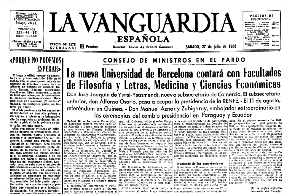 La Vanguardia va anunciar que el decret establia quatre facultats dins la nova Universitat de Barcelona  La Vanguardia Espa�ola  /  27-07-1968  /  La Vanguardia Espa�ola