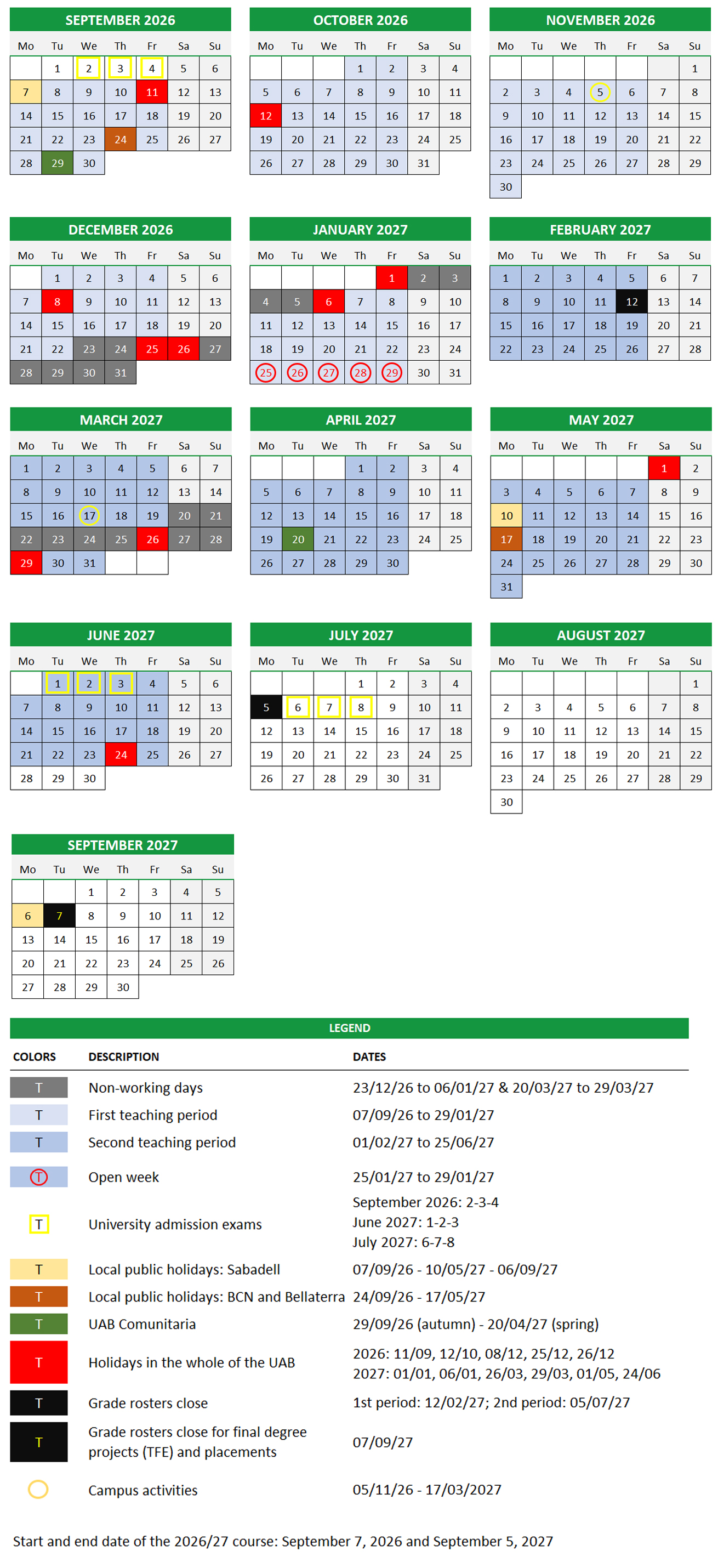 2026-2027 Academic Calendar