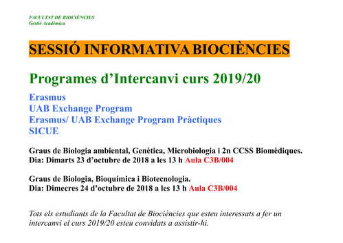 Sessió informativa dels programes d'intercanvi del curs 2018/19