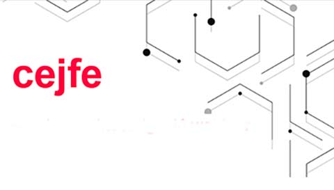 Logotip cejfe. Lletres vermelles i fons blanc.