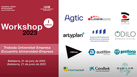 Caràtula del I Workshop d'Arxivística i Gestió de Documents i logos d'empreses assistents