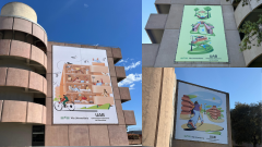 Muntatge de tres fotos de les lones il·lustrades a les parets de Vila Universitària