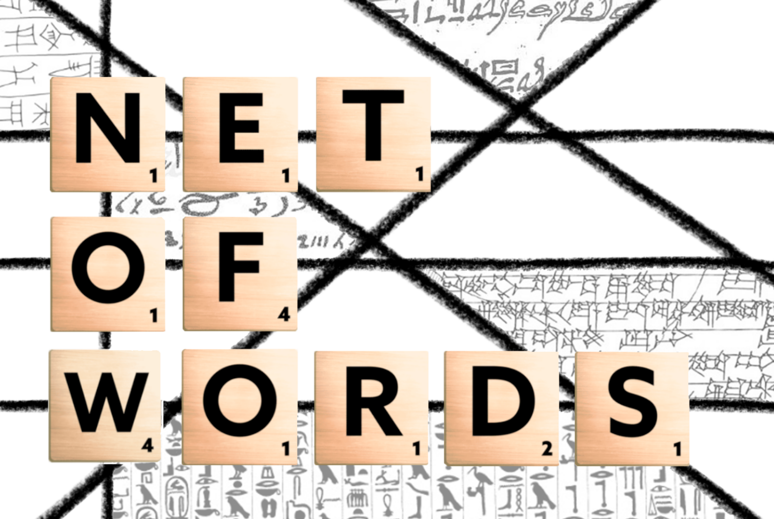 Lletres d'scrabble que diuen NEt of Words amb lletres egípcies de fons