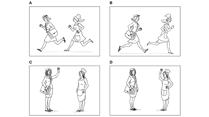 quatre il·lustracions on es veu a dues dones córrer i saludar-se