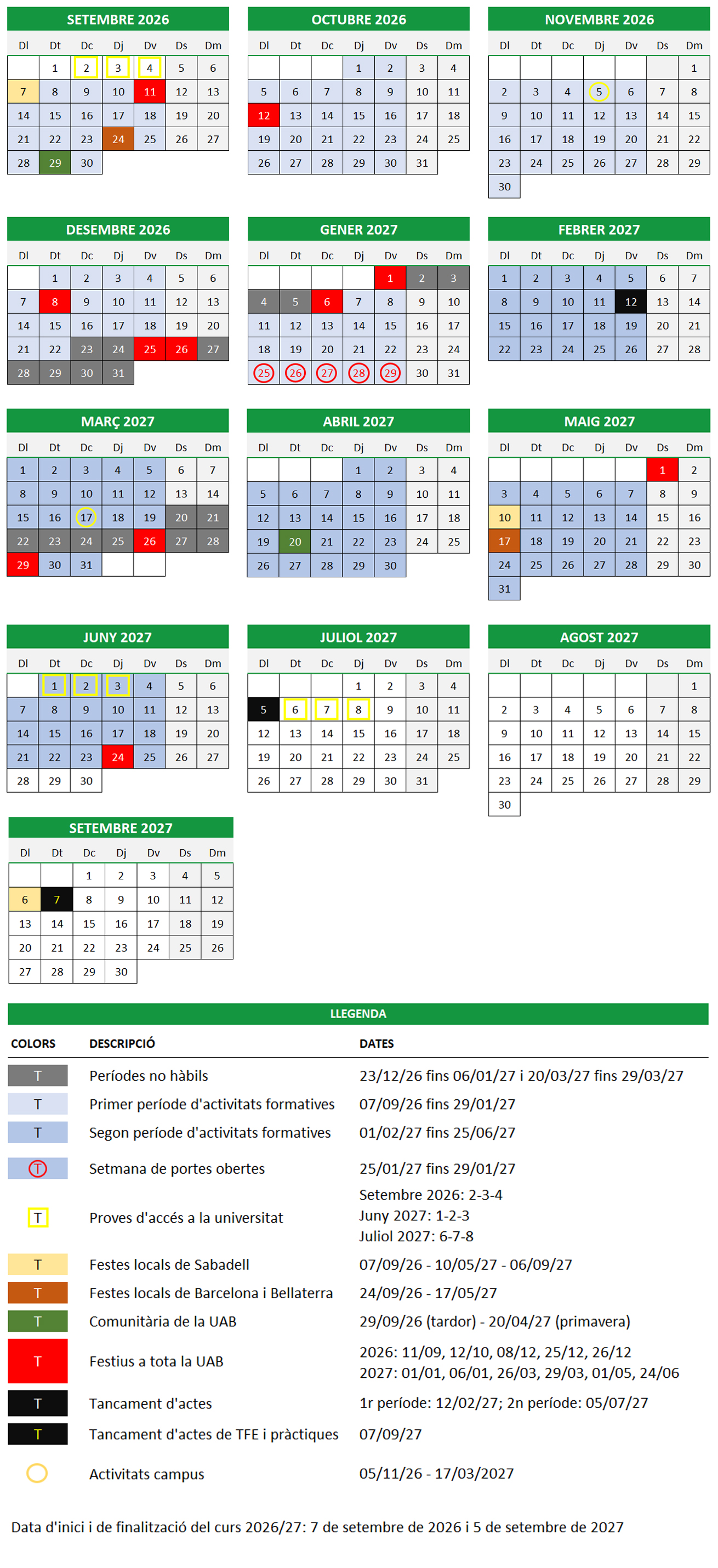 Calendari Acadèmic 2026-2027