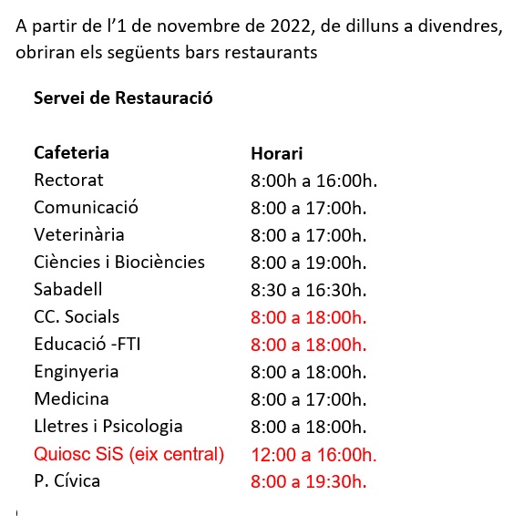 Horari del mes de novembre de 2022