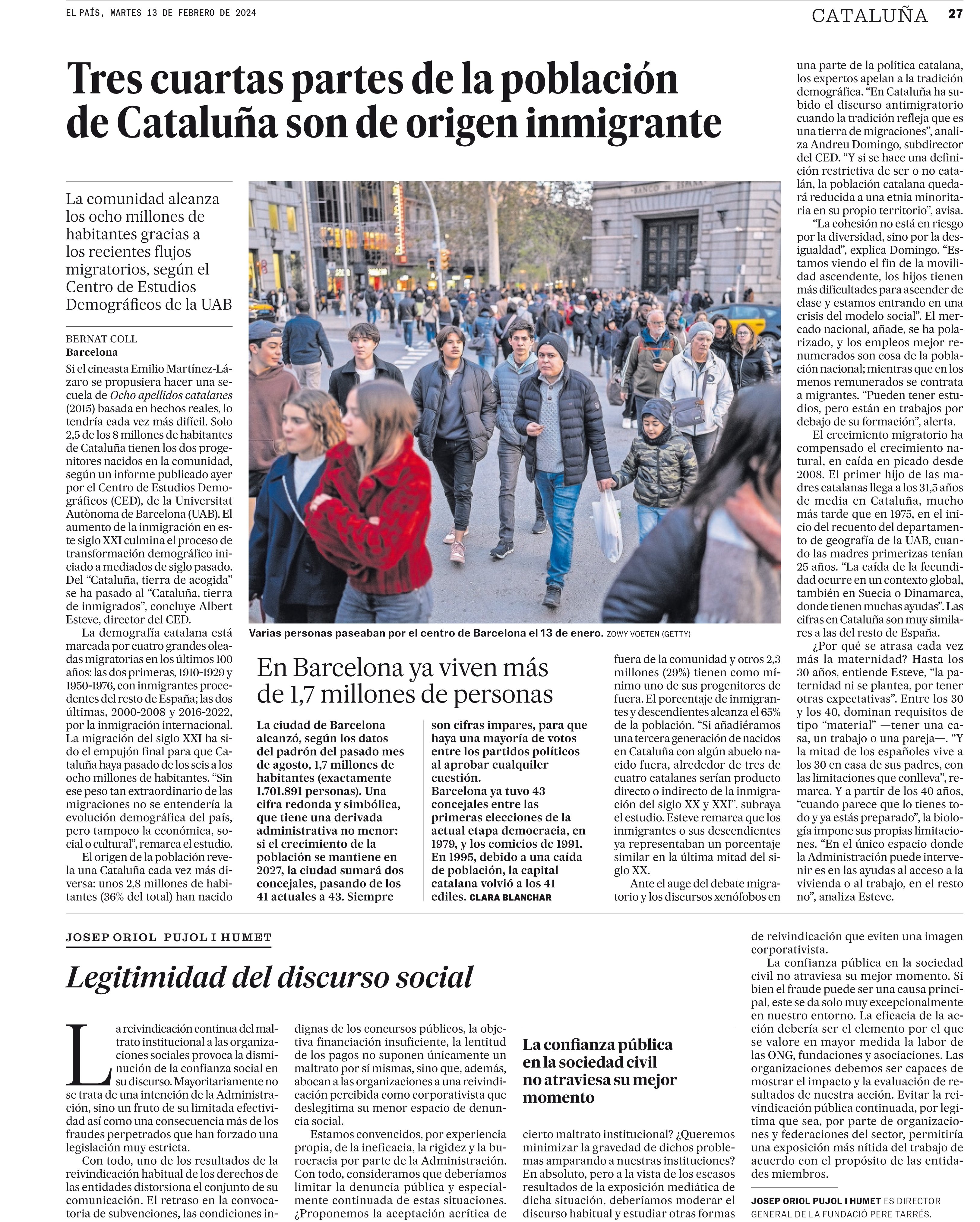 Pàgina del diari El País sobre un informe de demografia de Catalunya