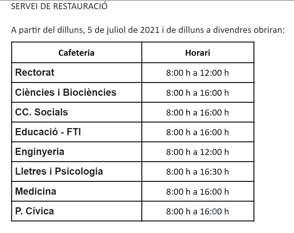 Horaris cafeteries juliol 2021