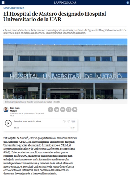 L'Hospital de Mataró designat Hospital Universitari de la UAB
