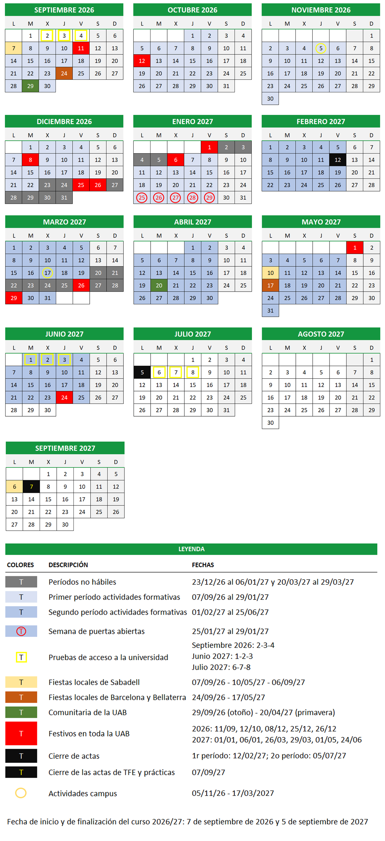Calendario Académico 2026-2027