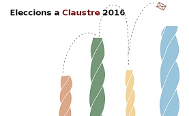 Cartell d'anunci de les eleccions claustre UAB (gràfic inspirat en les quatre torres de la UAB)