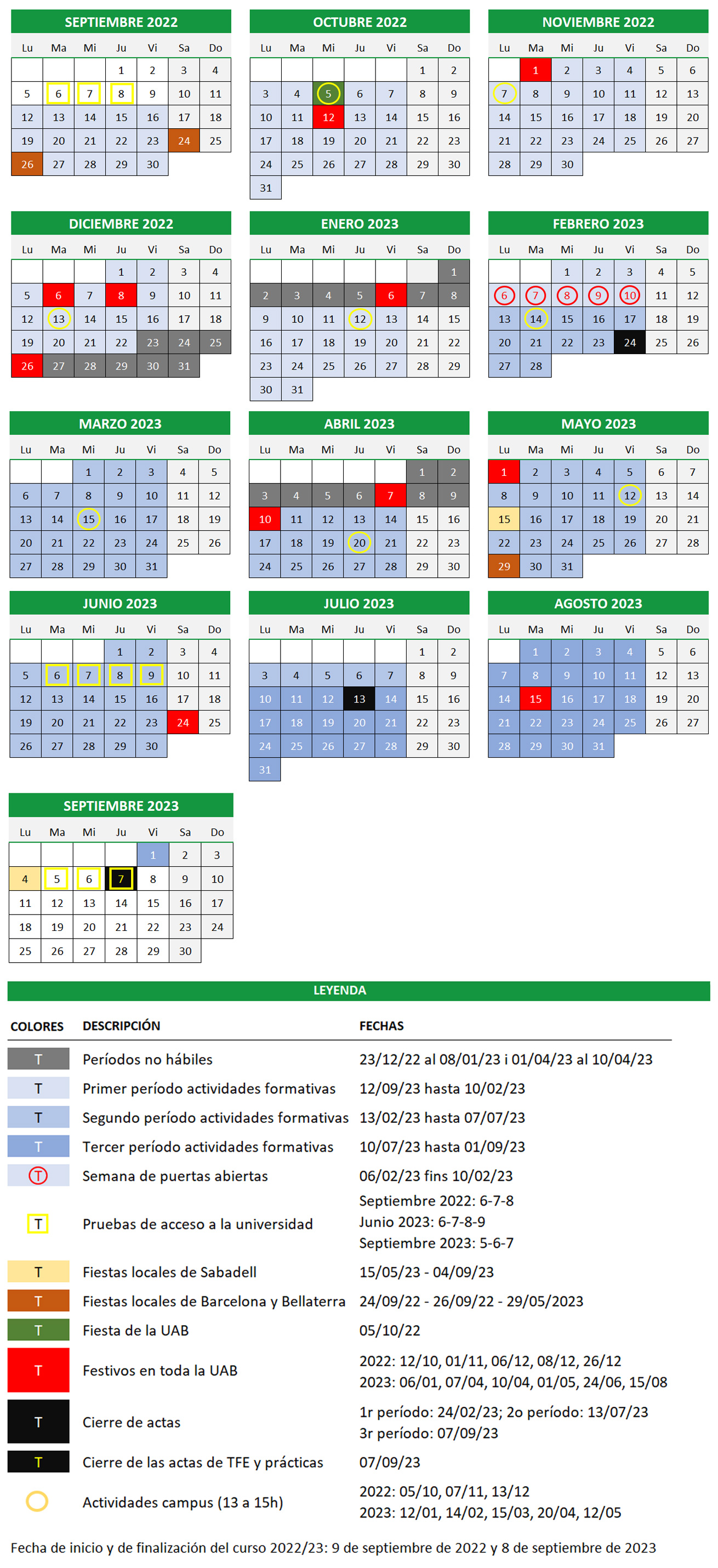 Calendario academico Universitat Autònoma de Barcelona UAB Barcelona