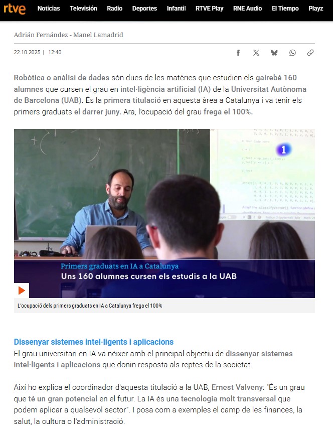 Captura de pantalla de RTVE. L¿ocupació dels primers graduats en IA a Catalunya frega el 100%
