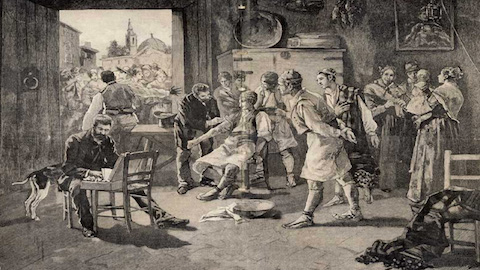 “El Dr. Jaume Ferran vacunant a Alzira”. La Ilustración Nacional 1885.