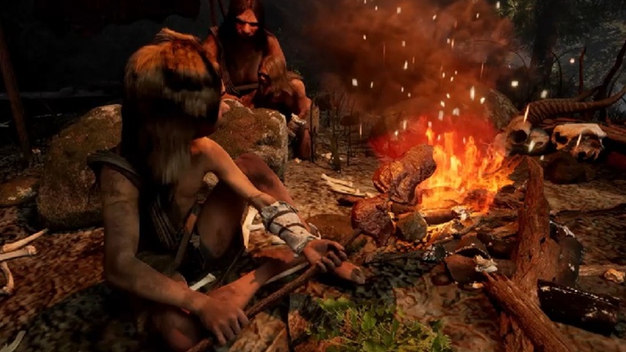 Captura del disseny audiovisual amb humans prehistòrics amb foc i menjar