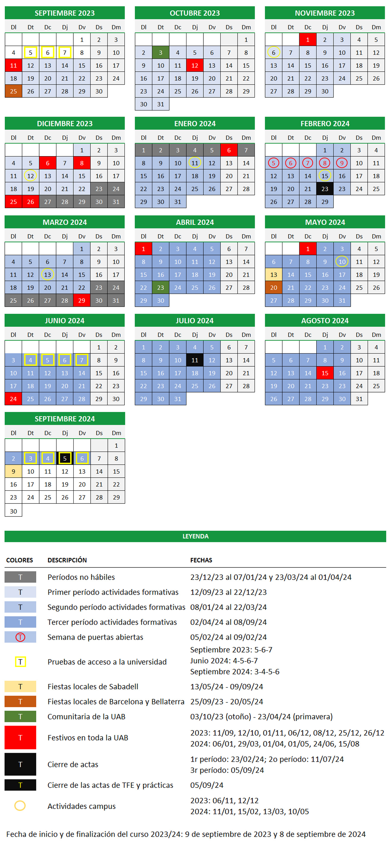 Calendario académico - Universitat Autònoma de Barcelona - UAB Barcelona