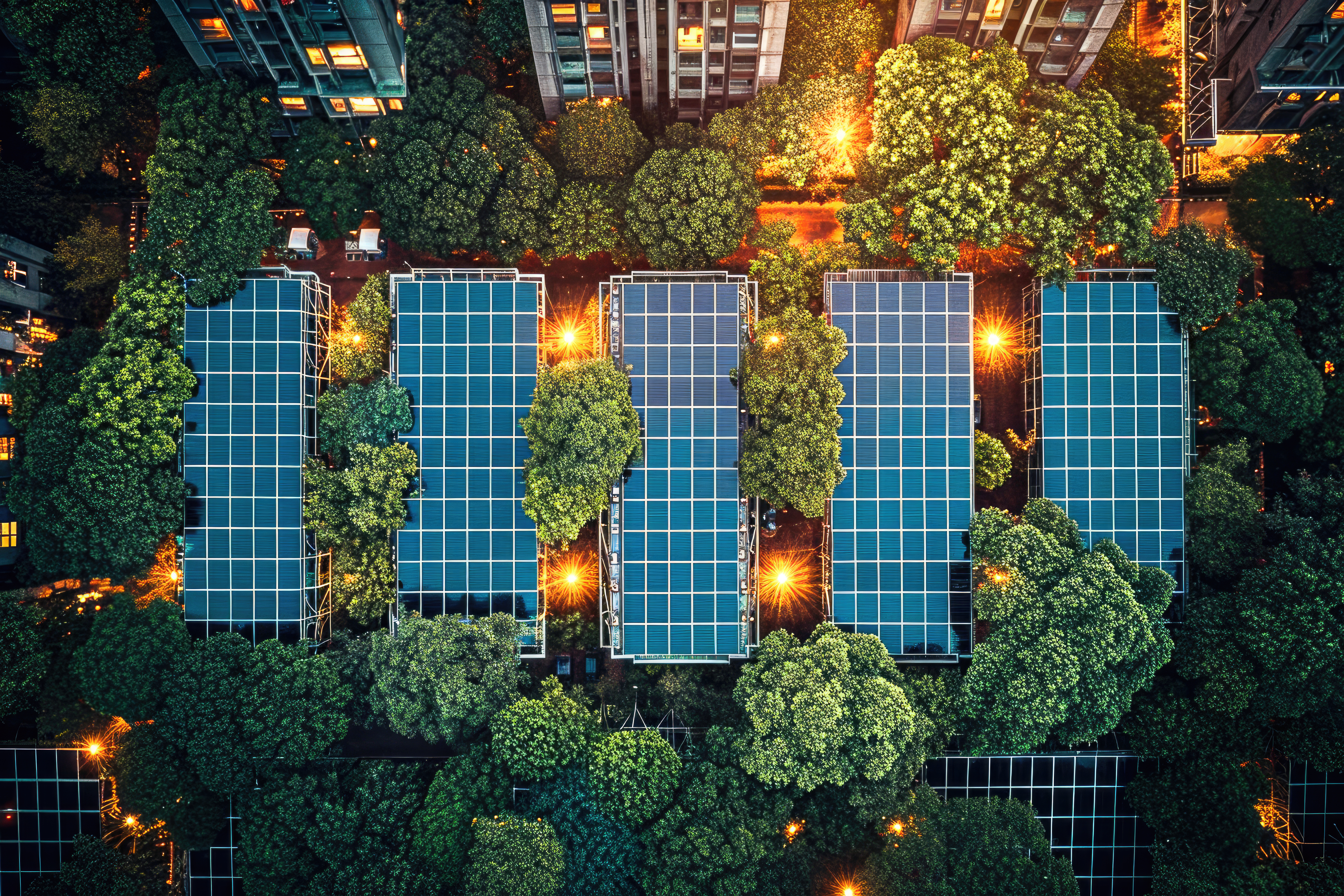 Plaques solars entre arbres en un ambient urbà