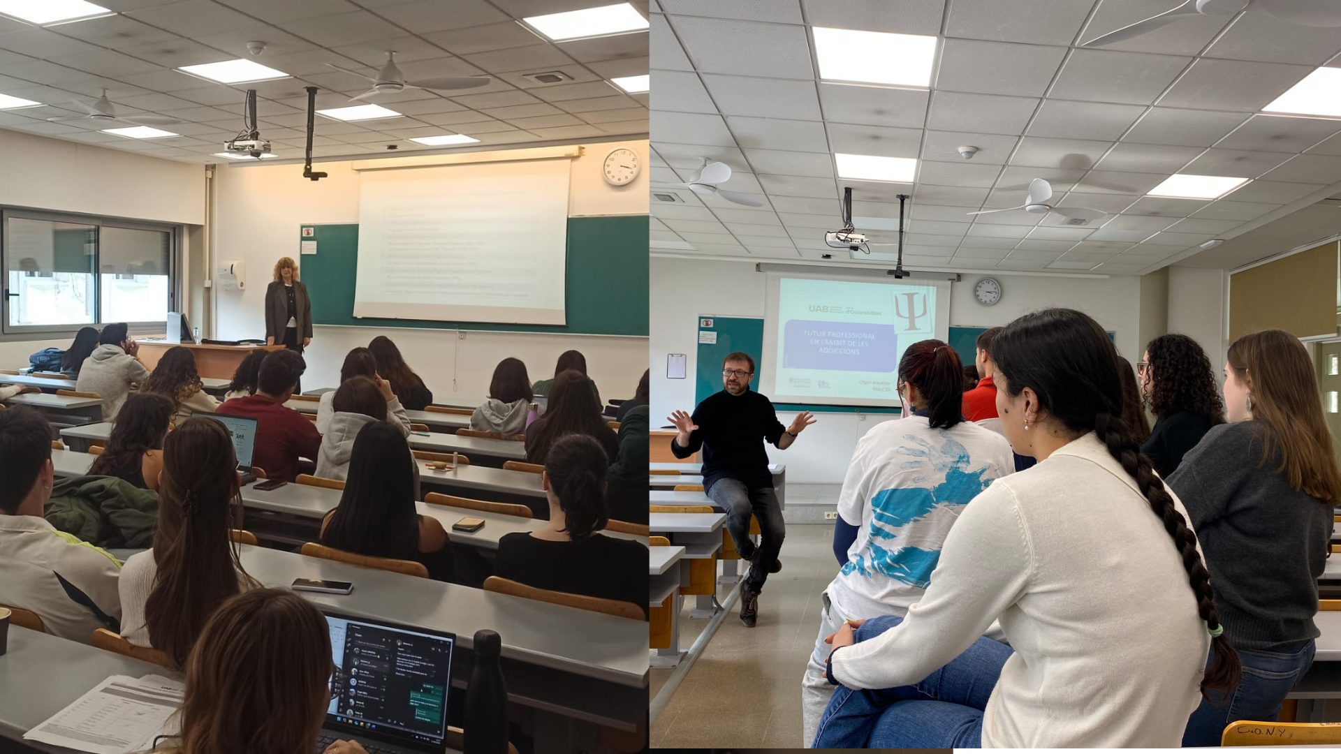 Dues imatges de les xerrades fetes a la Facultat