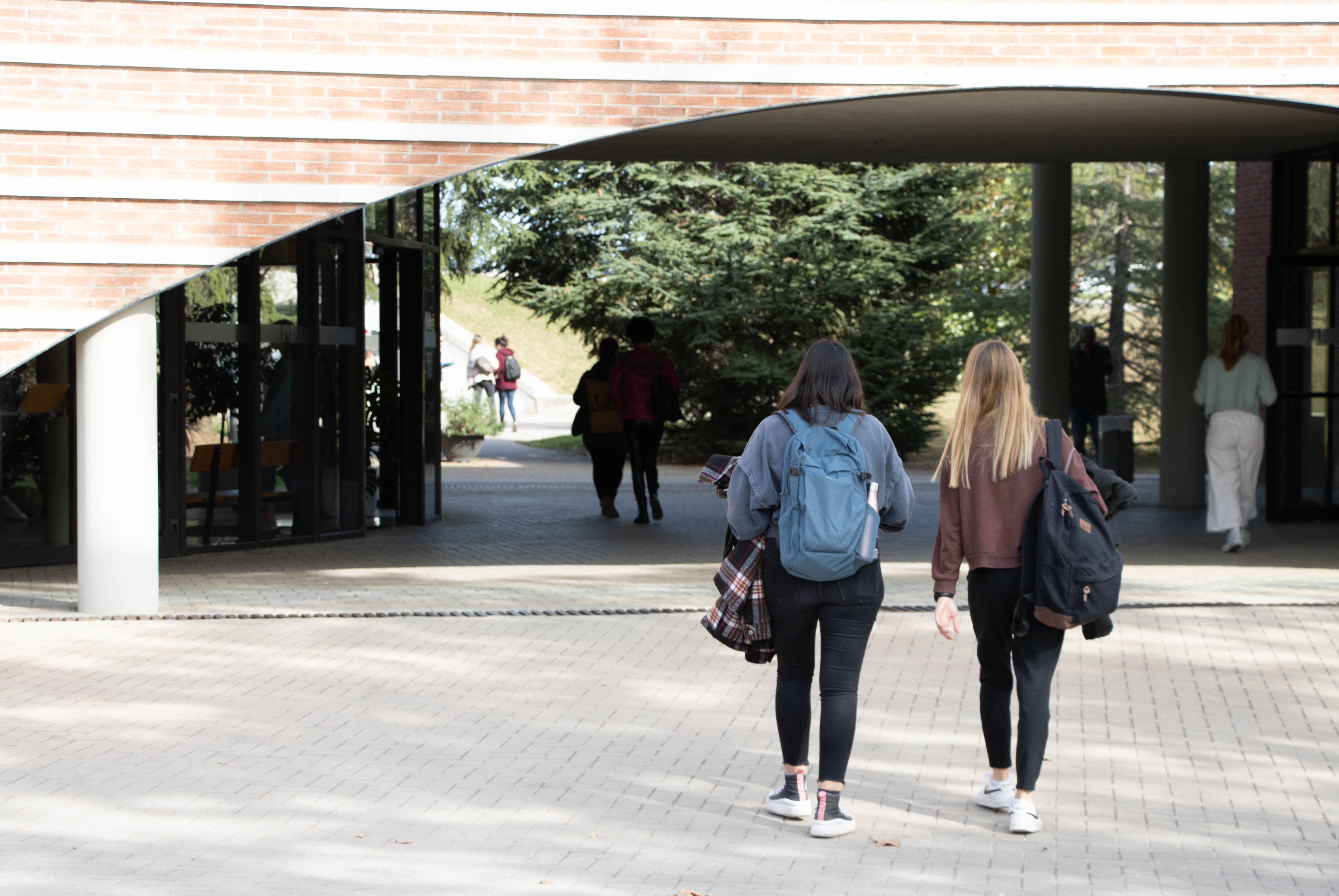 Alumnat caminat d'esquenes per la facultat.