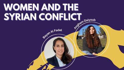 Cartell de l'esdeveniment Women in the Syrian Conflict amb les dues ponents