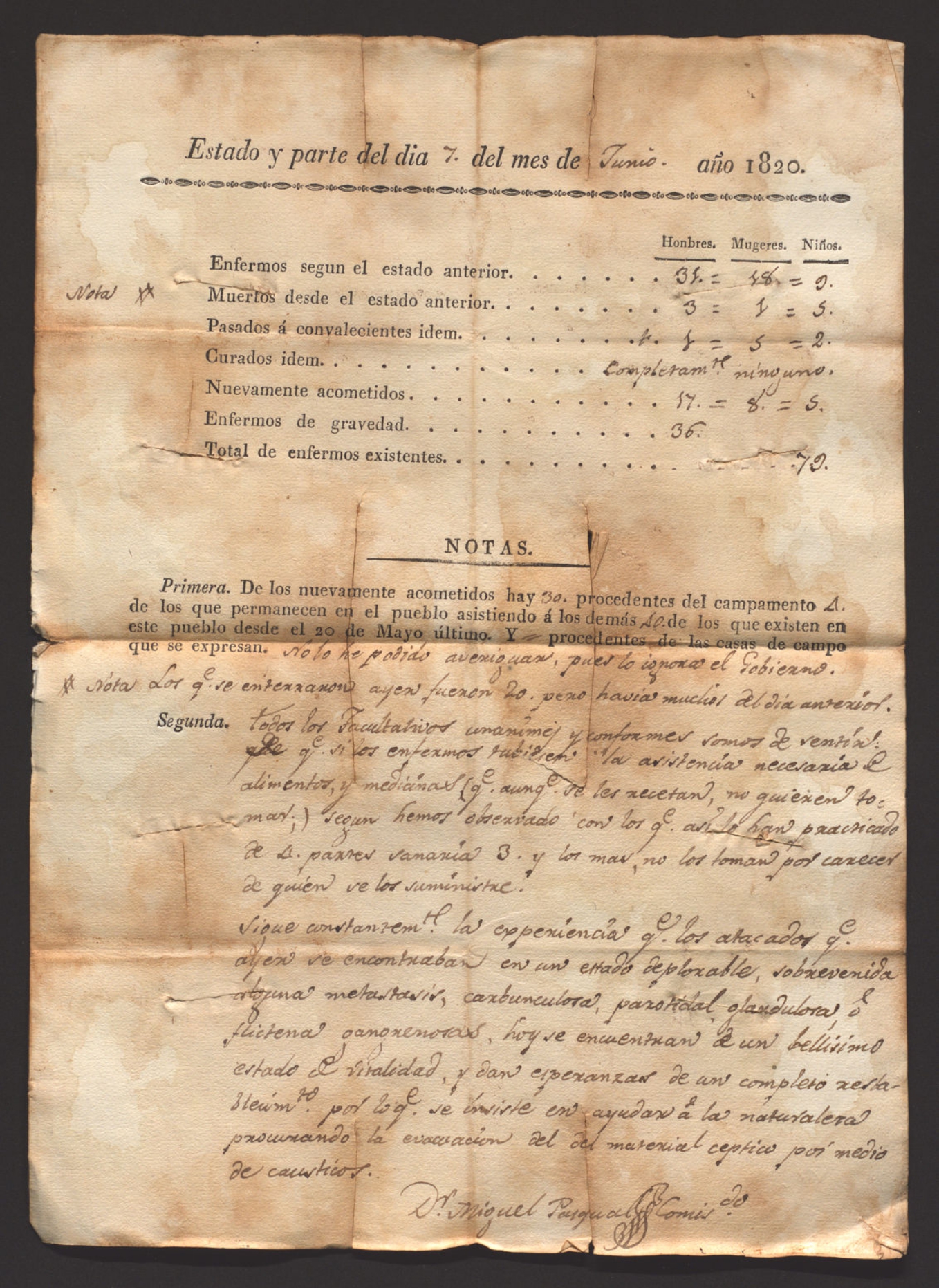 Foto del document de partes de la pesta a Mallorca el 1820