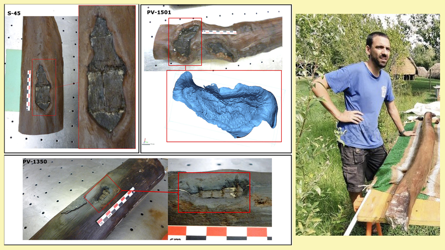 Imágenes de madera e investigador con un pilar de cabaña