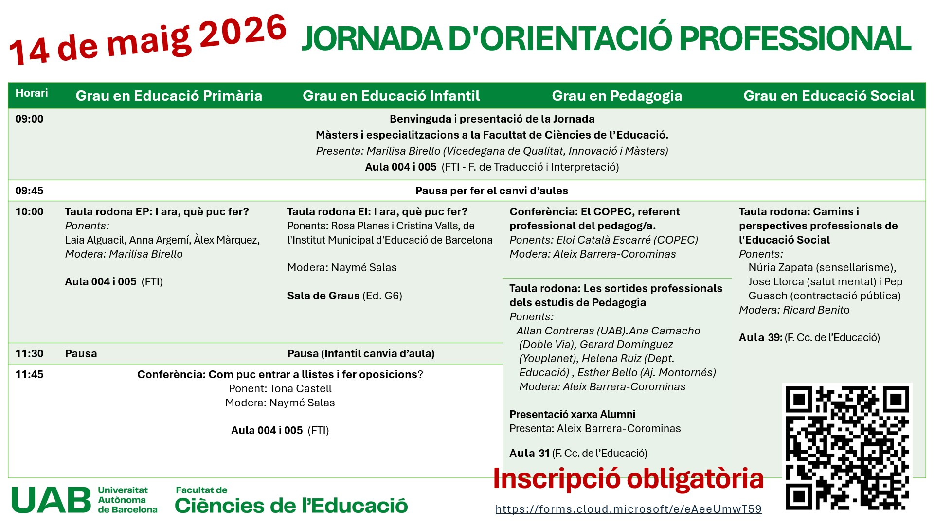 Horaris de la Jornada d'Orientació Professional