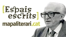 Fotocomposició amb el logo Espais Escrits i una foto en blanc i negre de Pere Calders