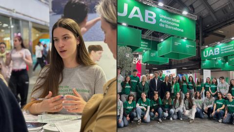 Professor i dos estudiants posen a l'estand de la FUAB del Saló de l'Ensenyament