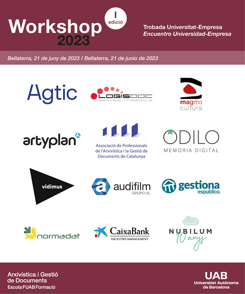 Cartell del Workshop en Arxivística i Gestió Documental 2023 amb logos de les empreses participants