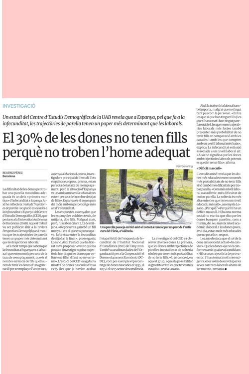 Article d'El periodico sobre l'estudi de la infecunditat, parella i feina