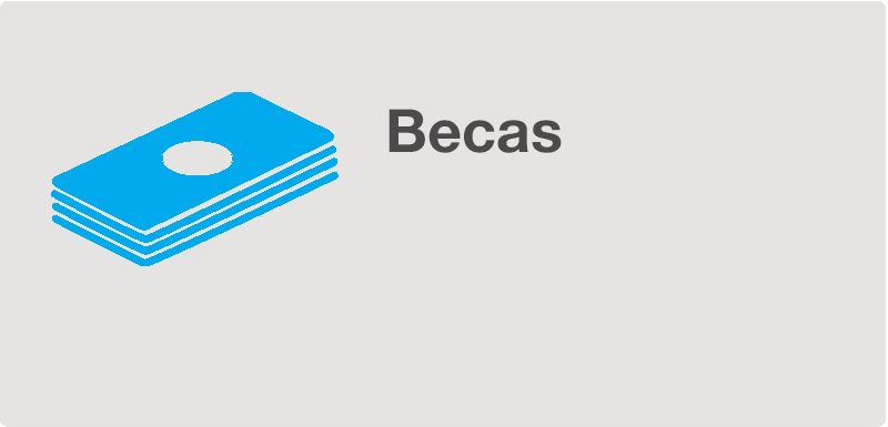 Dibujo de un fajo azul de billetes sobre fondo gris y la palabra Becas