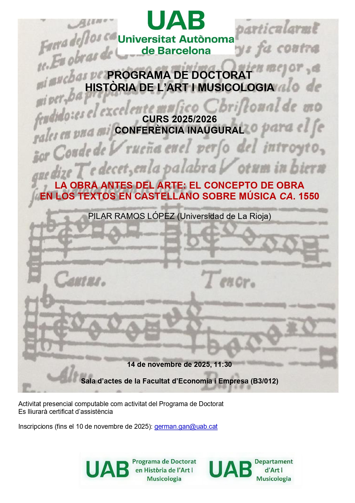 Cartell Acte Inauguració Curs Doctorat H.Art i Musicologia 25/26