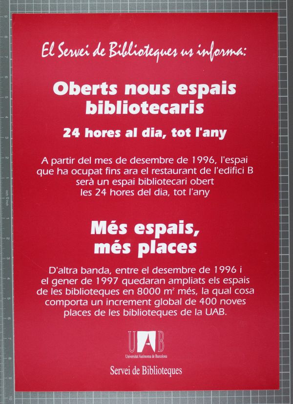 Amplia la imatge Servei de biblioteques. Oberts nous espais
