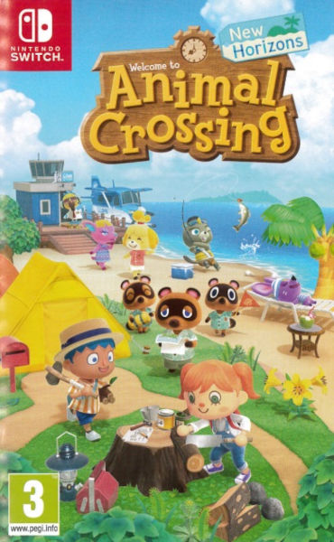 Caràtula de videojoc, surten uns ninos dibuixats amb ordinador fent feines com tallar fusta, pescar, mirar mapa i parlant entre ells. Conté el text Welcome to Animal Crossing New Horizons, Nintendo Switch, el número 3 en blanc dintre d'una caixa verda i