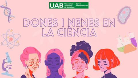 Cartell il·lustrat de la UAB Biblioteques amb el text «Dones i nenes en la ciència», figures femenines i símbols científics.