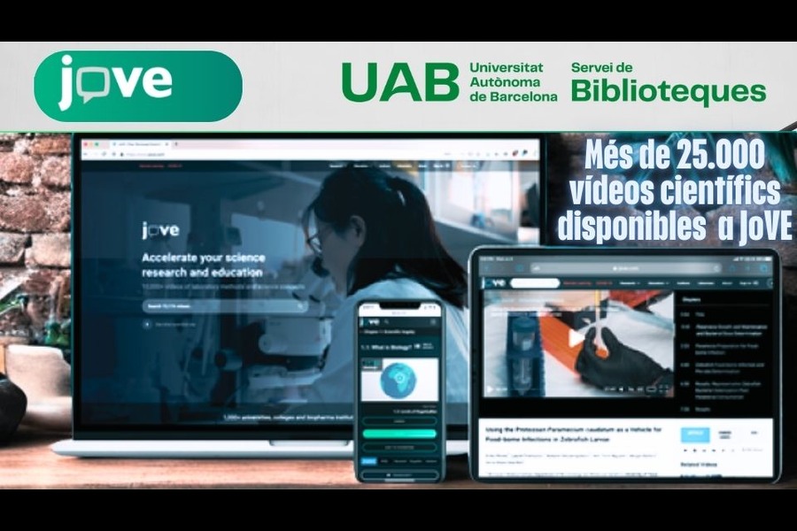 Cartell de la UAB que anuncia l'accés a més de 25.000 vídeos científics a JoVE.