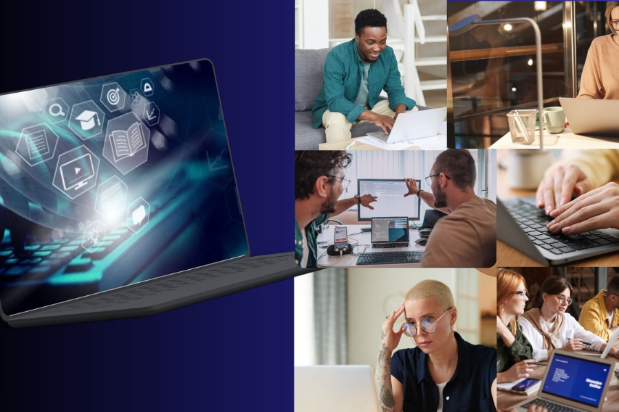 Collage digital: portàtil amb icones tecnològiques i persones treballant i estudiant amb ordinadors