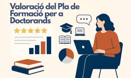 Dona asseguda davant d'un portàtil, envoltada d'elements relacionats amb la formació acadèmica