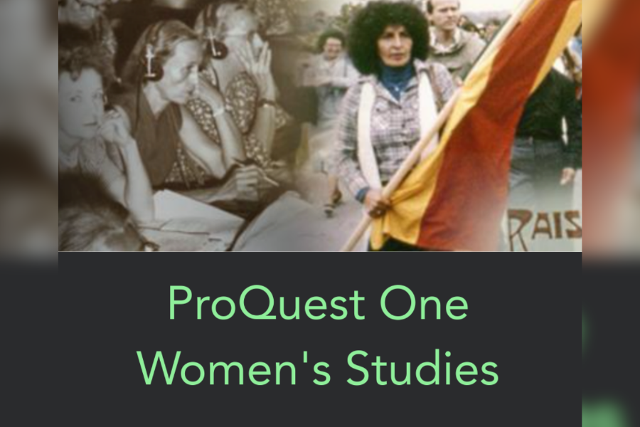 Logotip i imatge promocional de ProQuest One Women's Studies amb fotos històriques de dones i manifestacions