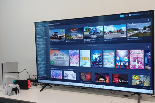 Televisió amb dues consoles connectades, una PlayStation 5 i una Nintendo Switch. A la pantalla es mostra un catàleg de videojocs.