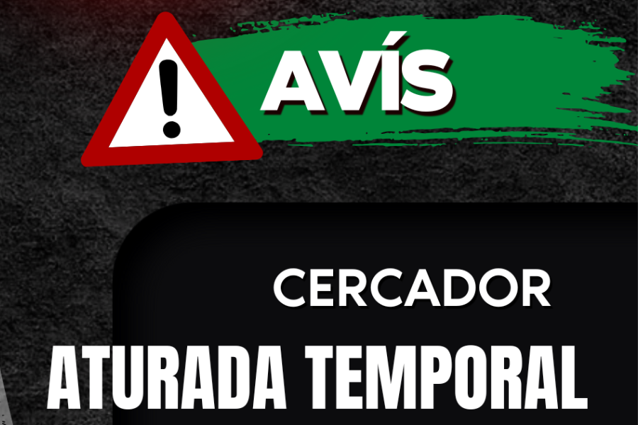 Triangle de perill amb els textos Avís i Cercador: aturada temporal