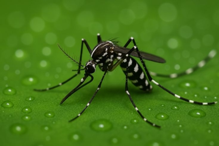 Un primer pla d'un mosquit tigre (Aedes albopictus) sobre una superfície verda, amb focus en les seves potes ratllades i el cos negre amb línies blanques. Al fons, es poden veure gotes d¿aigua, simbolitzant els punts de cria habituals.