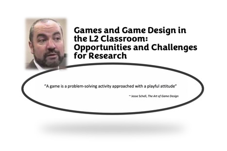  Diapositiva amb el títol “Games and Game Design in the L2 Classroom”, una fotografia del Dr. Sébastien Dubreil i una cita sobre el joc com a activitat de resolució de problemes amb actitud lúdica.