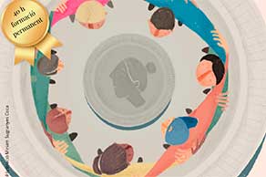    Il·lustració vista des de dalt d’un grup de persones diverses formant un cercle i connectades entre si al voltant d’una moneda situada al centre.