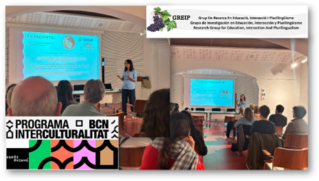   Imatges de la sessió sobre diversitat lingüística i plurilingüisme on es veu l'oradora i els alumnes d'esquena