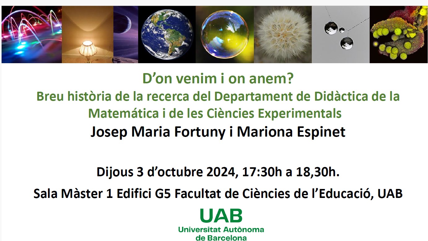  Cartell de la conferència “D’on venim i on anem?”, sobre la història de la recerca en didàctica de la matemàtica i les ciències experimentals, amb informació de data, lloc i ponents a la UAB.